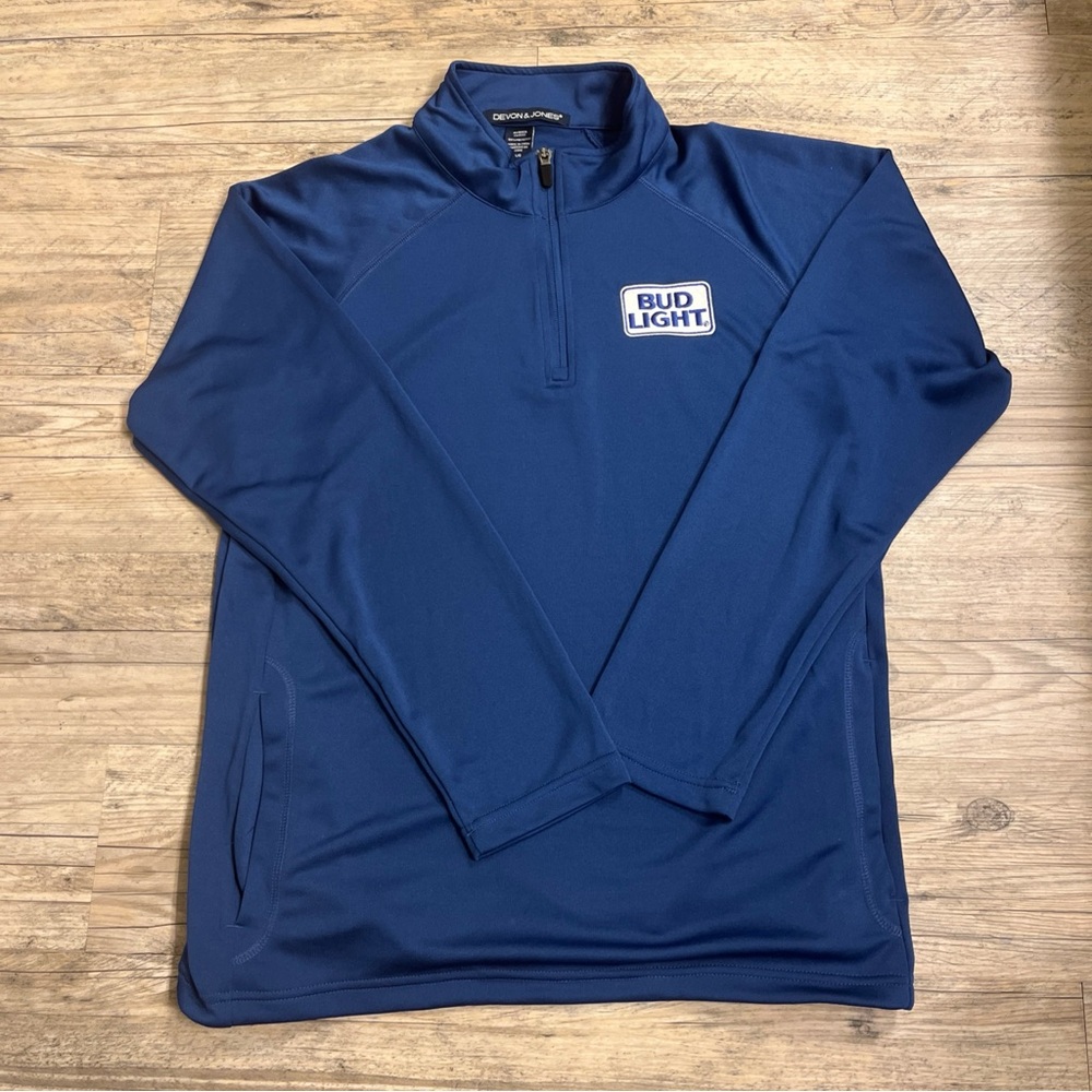 Bud Light Men's 1/4 Zip Pullover Devon & Jones Blue Performance Golf Jacket L